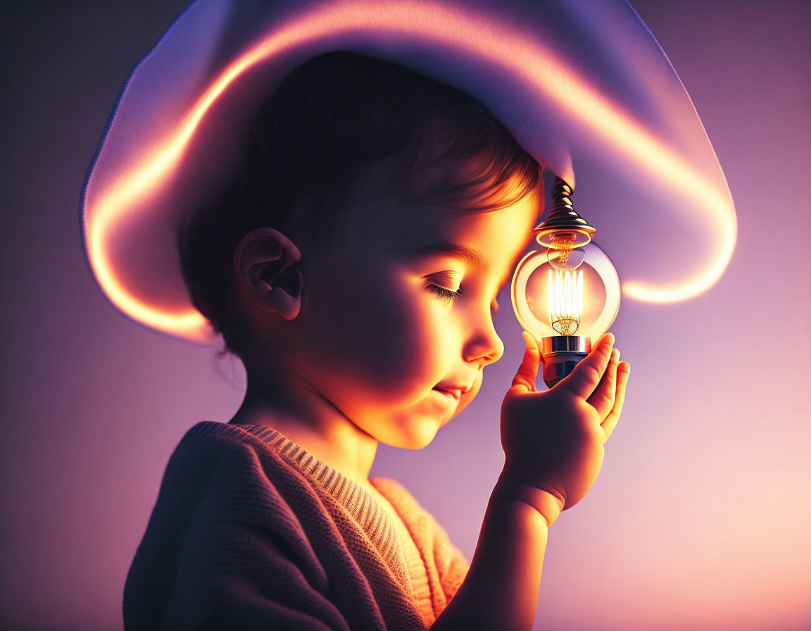 Child admires glowing lightbulb with "MOM" filament in neon halo on purple background