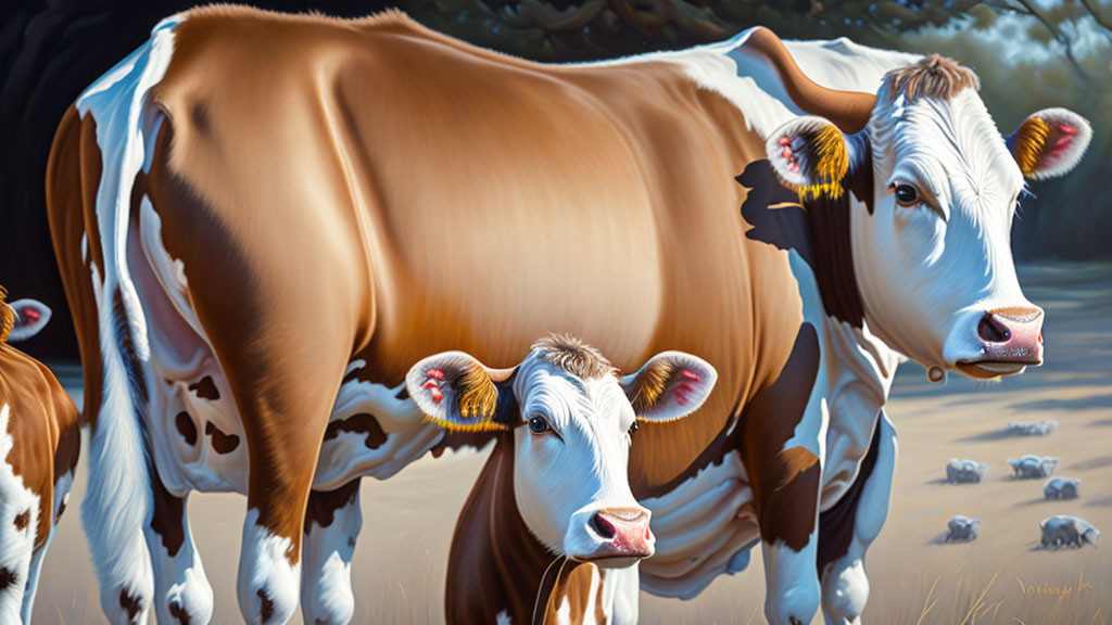 Realistic brown and white cows in sunlight with dark background