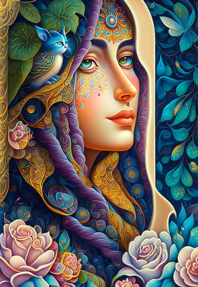 Colorful artwork featuring woman with blue floral and paisley motifs and stylized cat.