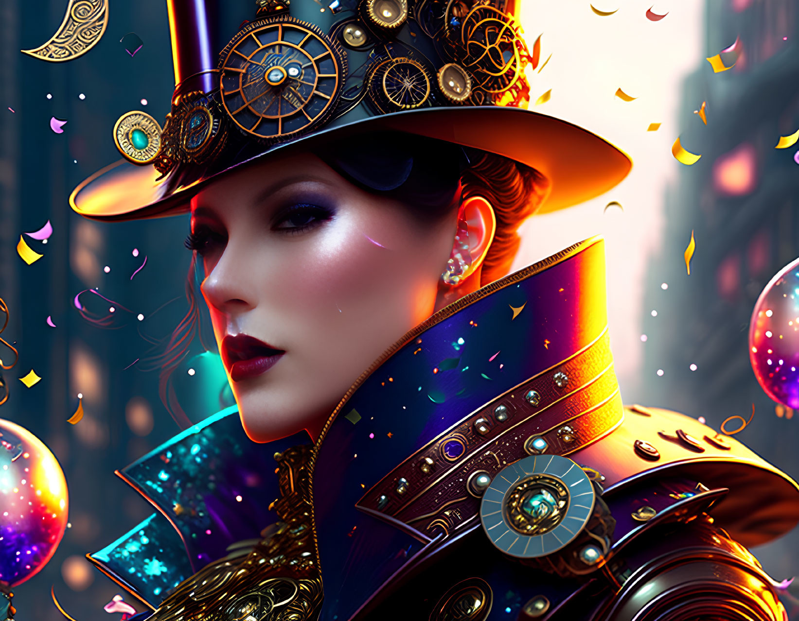 Steampunk Hat and Cosmic Jacket Woman in Cityscape Scene