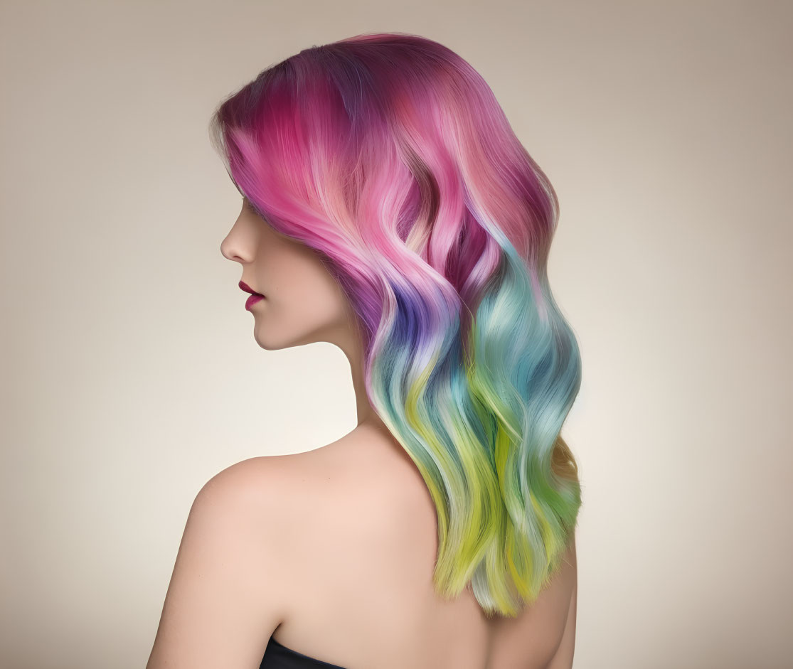 Portrait of a person with wavy, multi-colored hair in pink, blue, and green on neutral