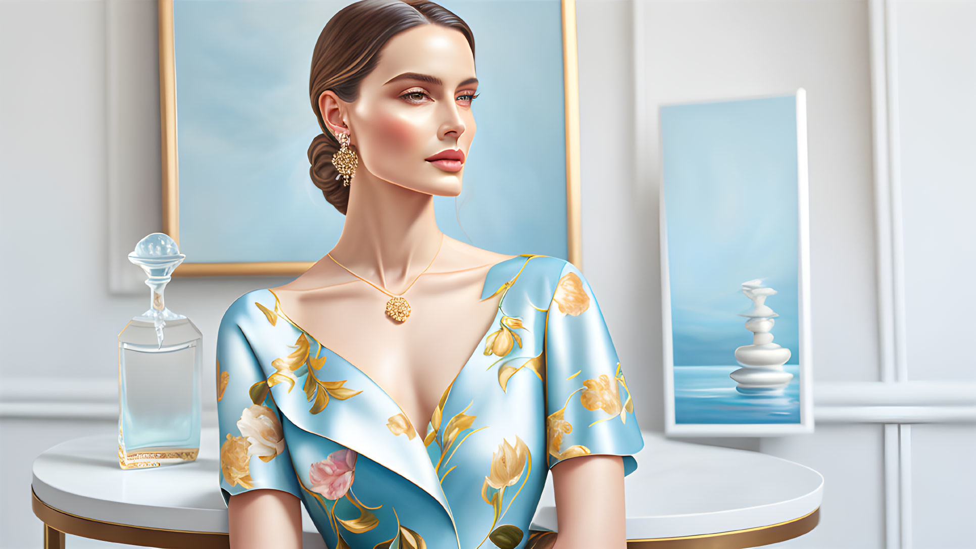 Illustrated woman in blue floral dress with gold accessories near table with perfume bottle and abstract sculpture.