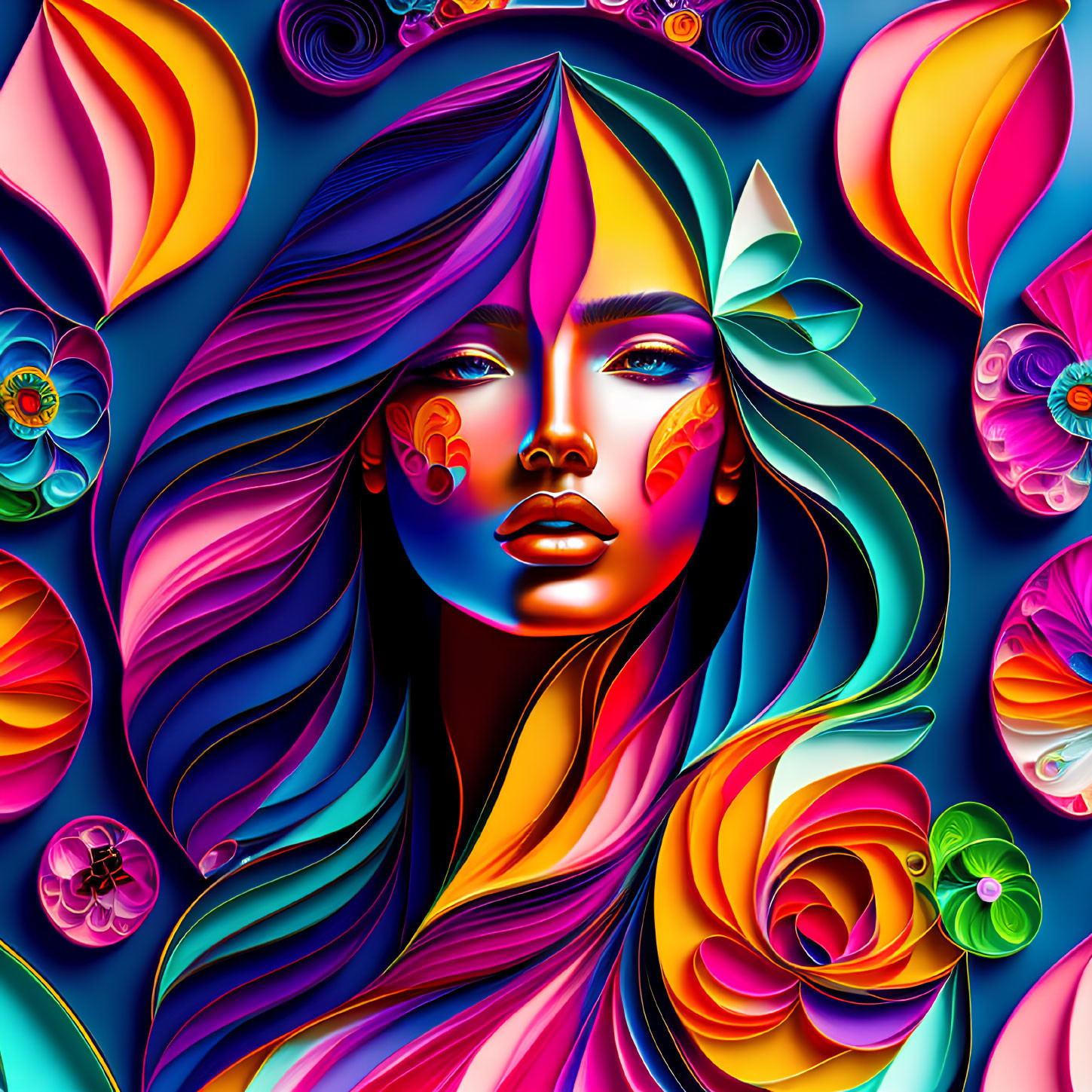 Colorful digital artwork: stylized woman's face with flowing hair and abstract floral patterns on blue background