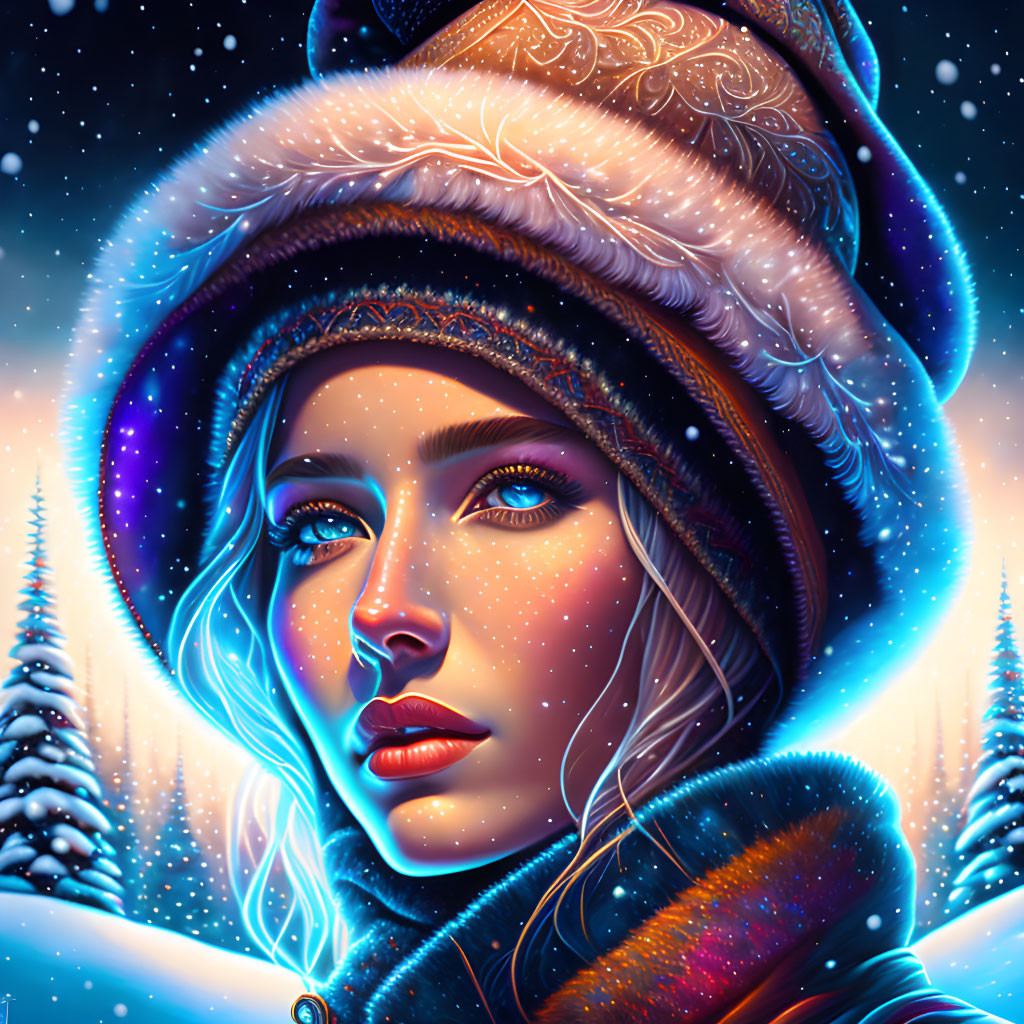 Vibrant digital portrait of woman in winter attire with snowflakes, starry night sky,