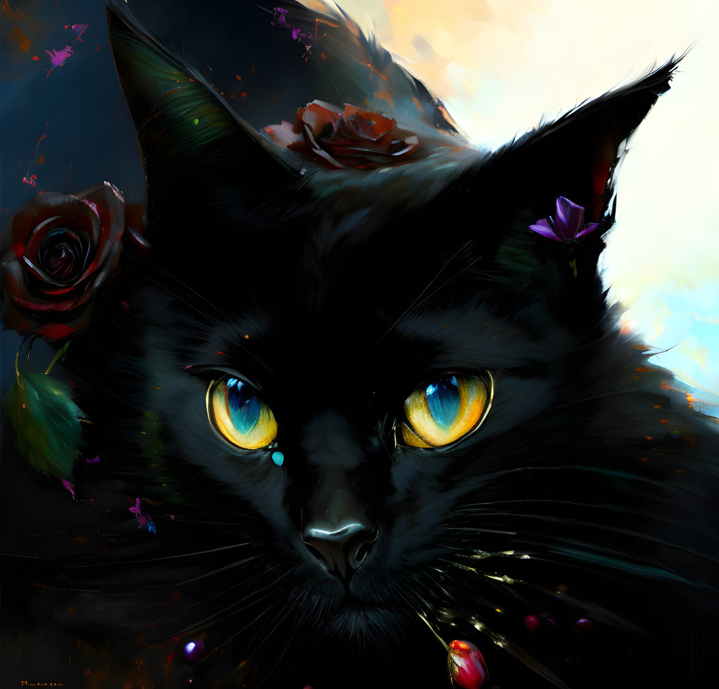 Digital Artwork: Black Cat with Yellow Eyes and Colorful Flowers