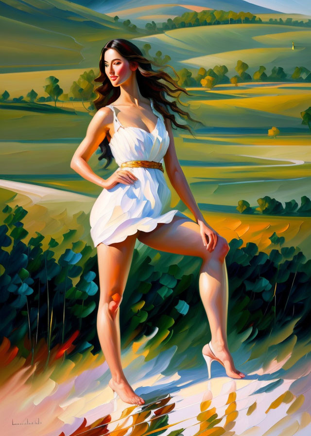 Woman in white dress in vibrant sunlit landscape with rolling hills