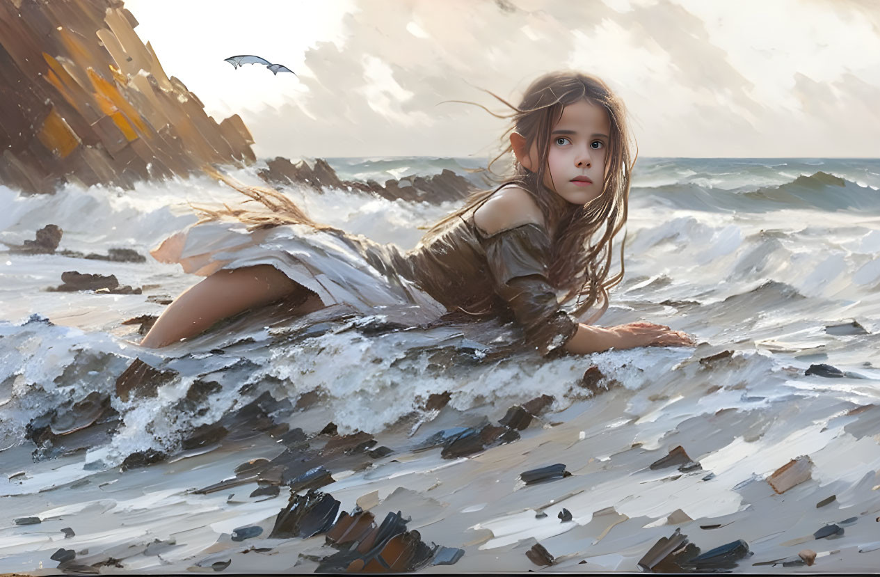 Young girl on beach with crashing waves, dramatic sky, and flying birds