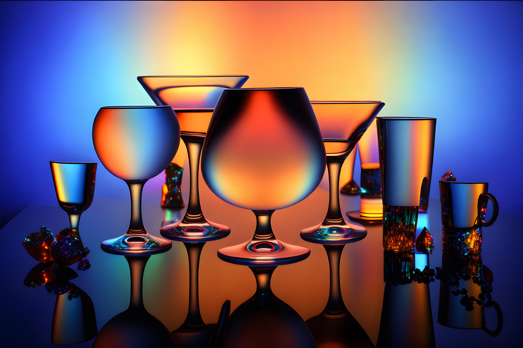 Glassware on Glossy Table Backlit by Yellow to Blue Light