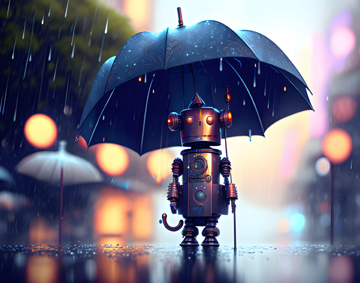 Robot holding blue umbrella on wet surface with city lights and raindrops.