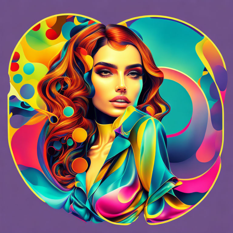 Colorful illustration of woman with flowing hair and makeup against abstract backdrop