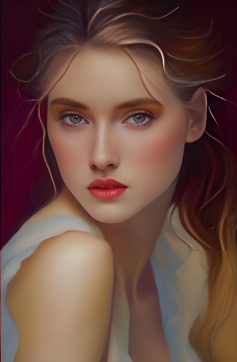 Young woman's digital portrait with flowing hair, blue eyes, rosy cheeks, red lips, on