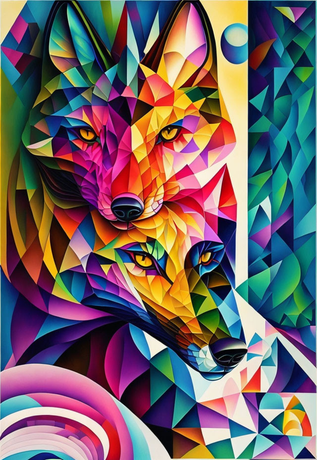 Colorful Geometric Foxes Artwork Against Abstract Mosaic Background