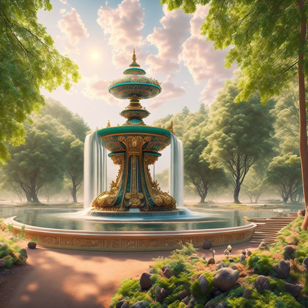 Tranquil forest park with ornate multi-tiered fountain