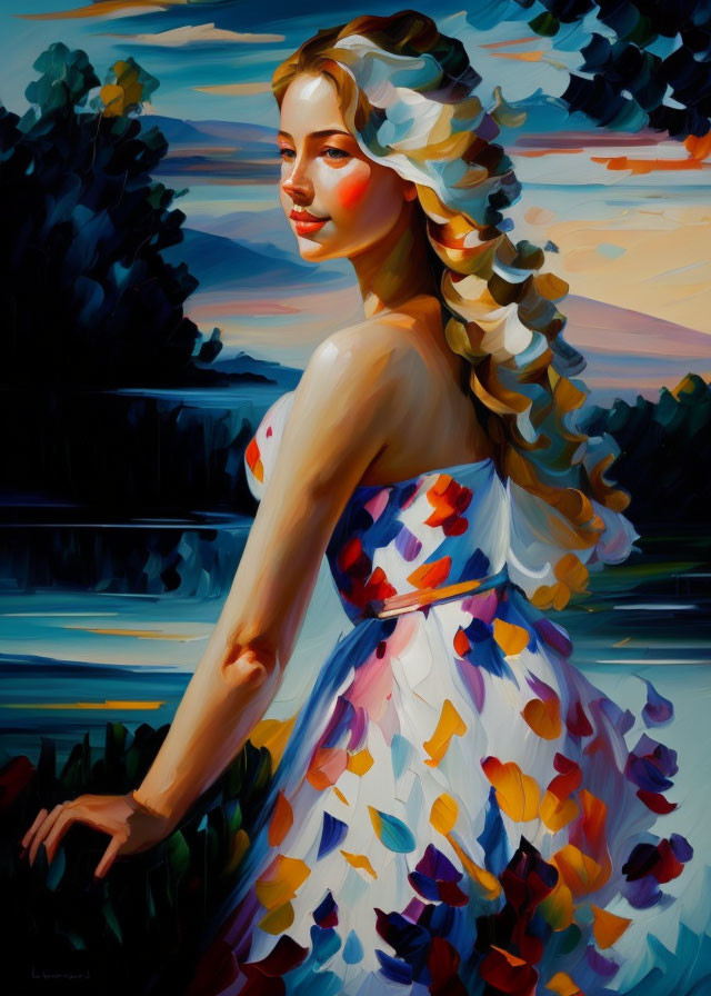 Colorful Dress Woman in Serene Sunset Setting