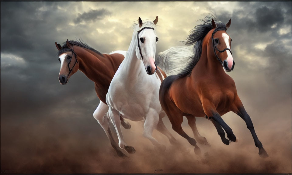 Three Galloping Horses Under Dramatic Cloudy Sky