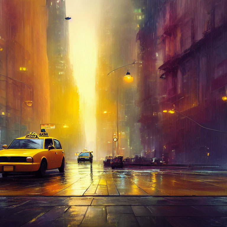 Sunlit urban street with yellow taxi and rain-drenched pavements.