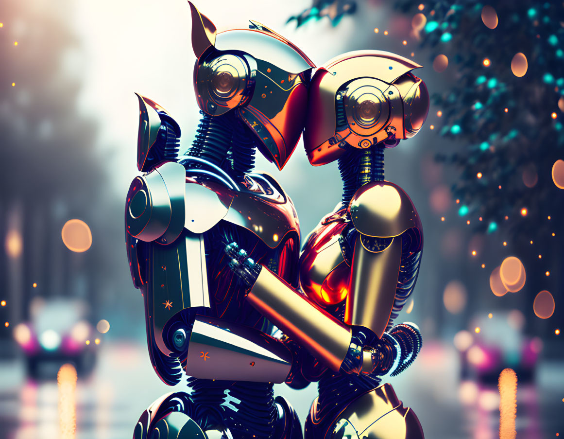 Futuristic robots embracing in cityscape with bokeh lights