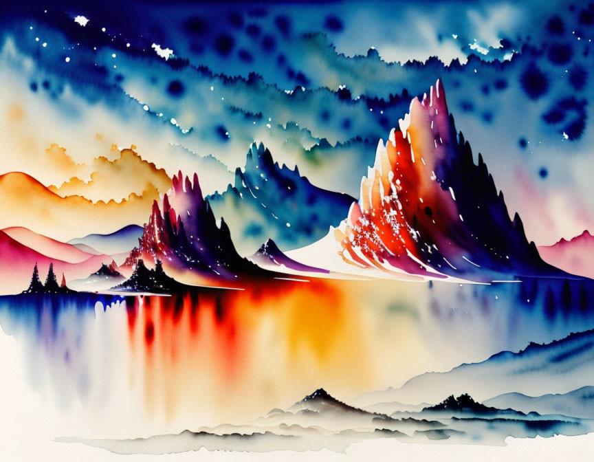 Colorful Watercolor Landscape: Multicolored Mountains and Starry Night Sky