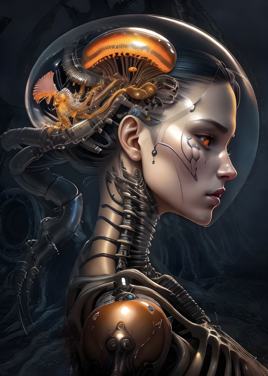 Detailed Profile of Female Android with Exposed Mechanical Neck