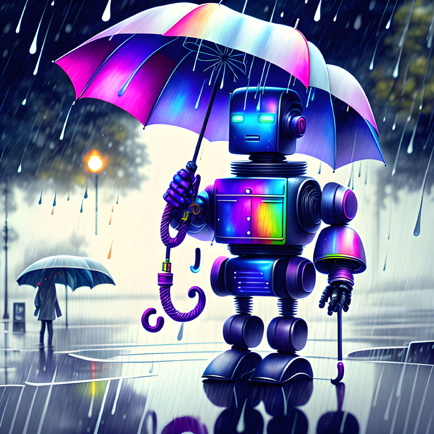 Colorful umbrella robot walking in rain at night with streetlights and person in background