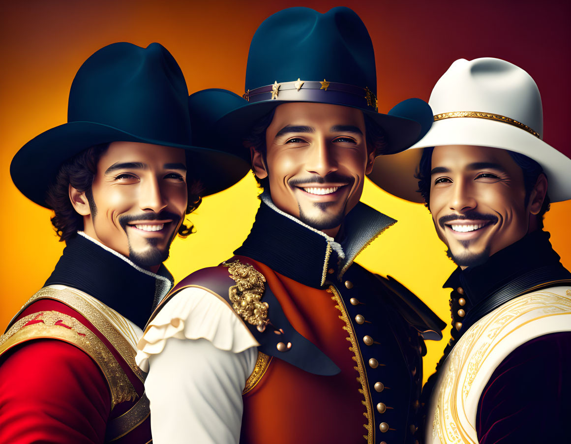 Three Smiling Musketeers in Flamboyant Hats and Elaborate Period Costumes