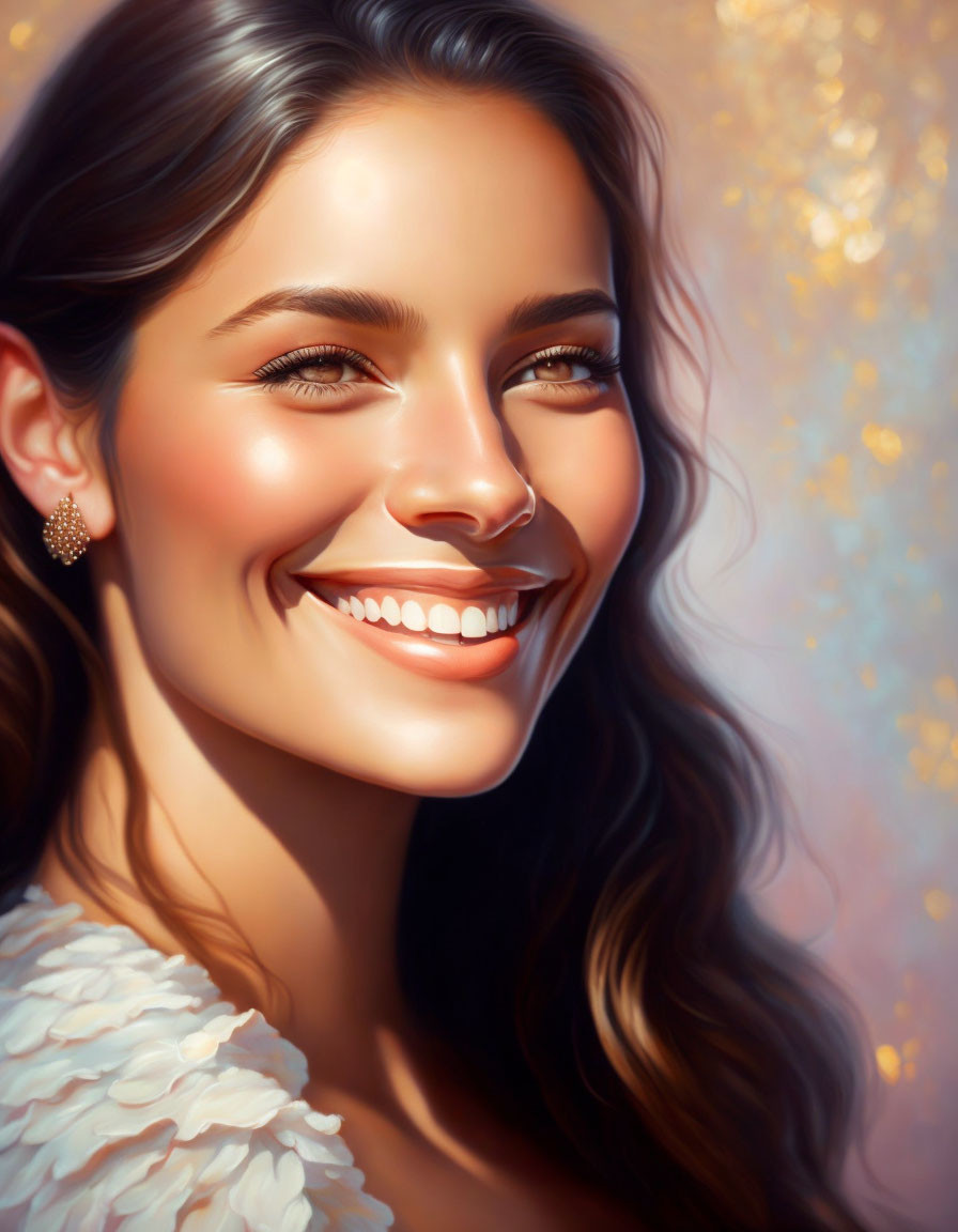 Smiling Woman with Radiant Skin and Sparkling Eyes on Bokeh Background