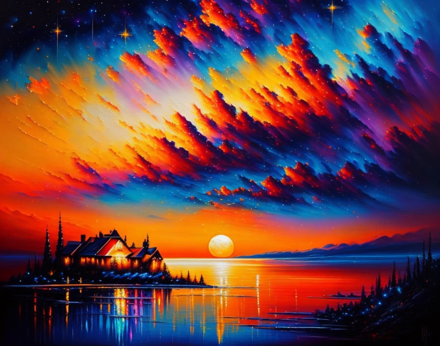 Lakeside sunset painting with cottage, pine trees, colorful sky, stars, and full moon.