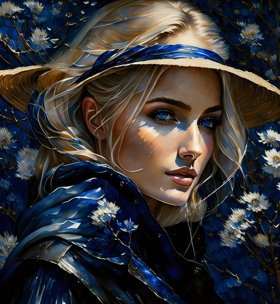 Illustration of woman with blue eyes and blonde hair, in straw hat, amidst blue flowers.