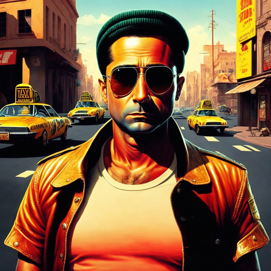 Stylized portrait of a man in sunglasses and leather jacket in city setting