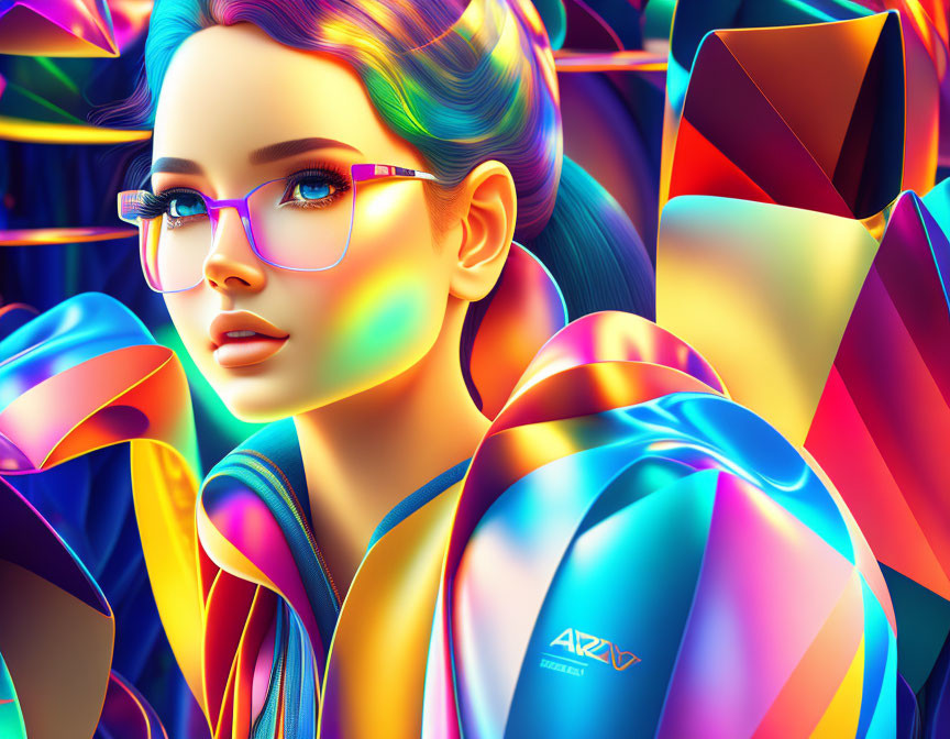 Colorful digital artwork featuring woman with multicolored hair and reflective attire amidst geometric shapes