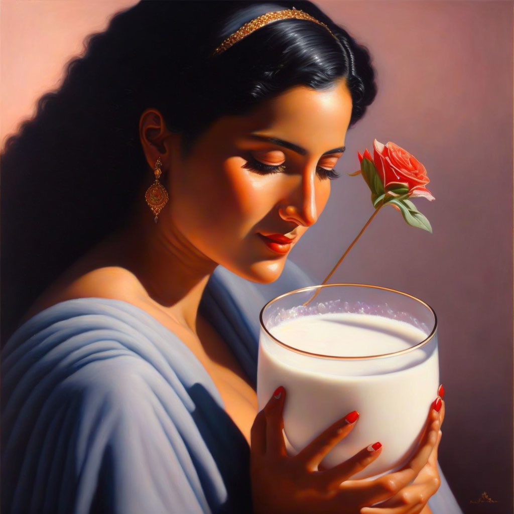 Woman wearing headpiece admires rose while holding glass of milk