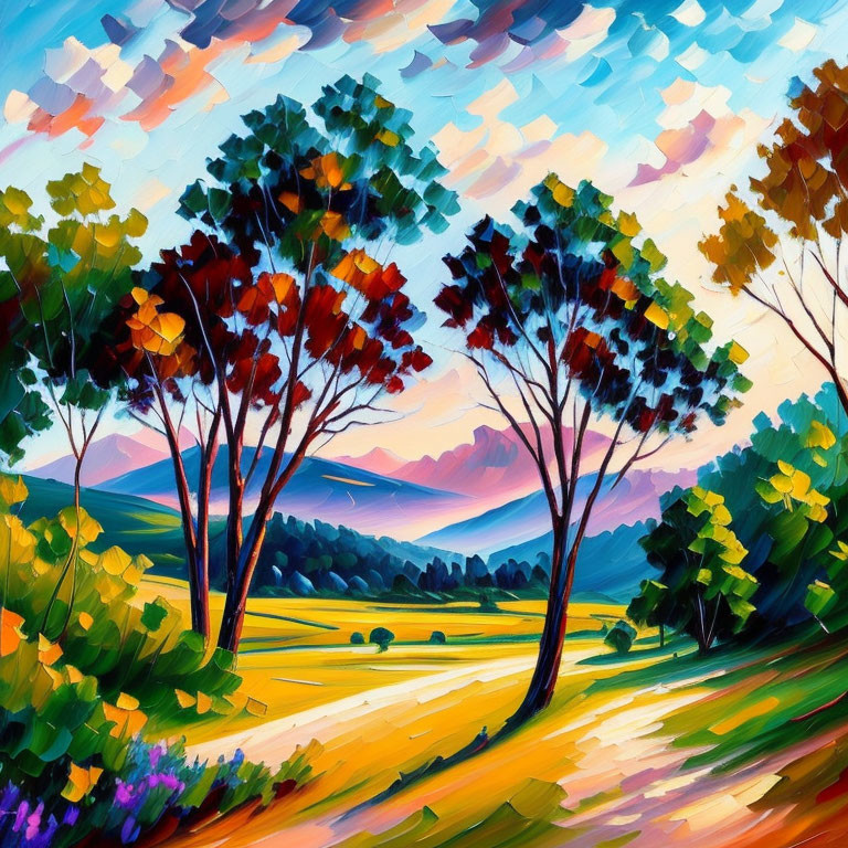 Colorful Impressionistic Tree Painting Overlooking Sunset Landscape