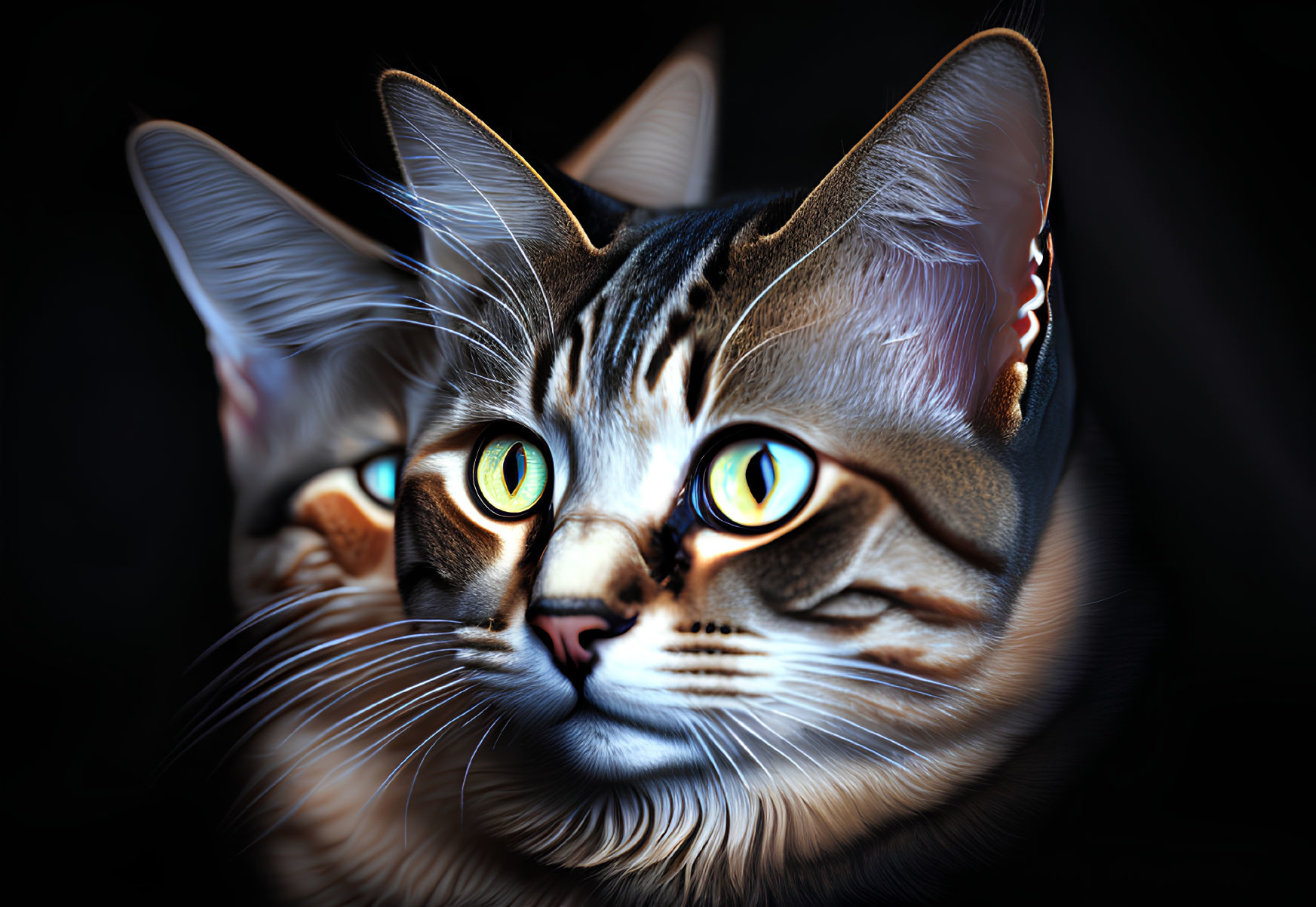 Striking Yellow-Eyed Tabby Cats with Prominent Whiskers on Dark Background