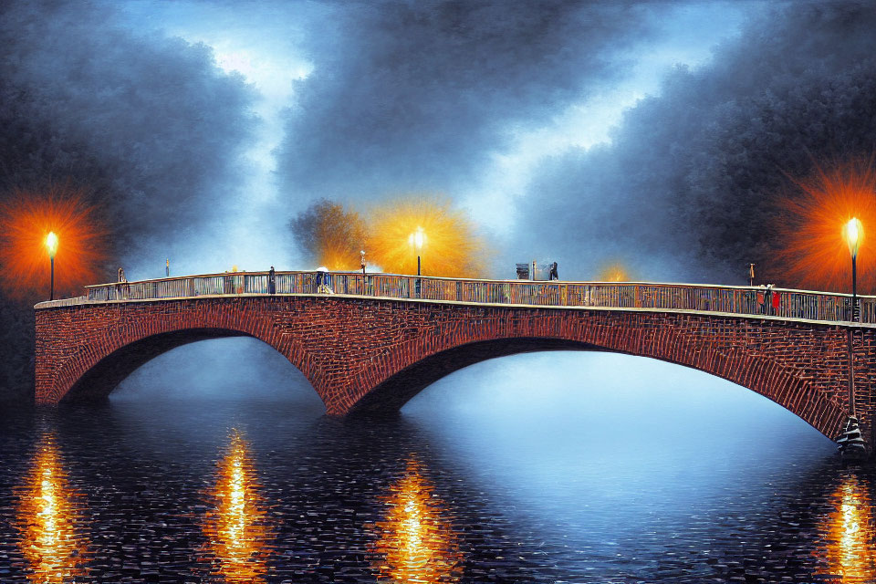 Illuminated Brick Bridge Reflecting in Tranquil Water at Night