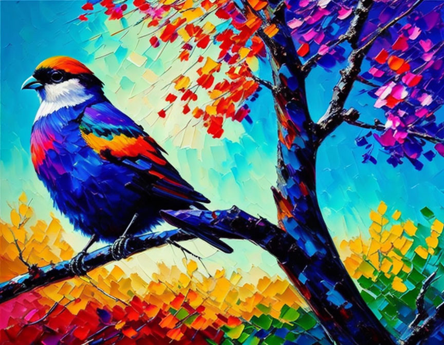 Colorful Bird Painting on Branch with Bright Foliage and Blue Background