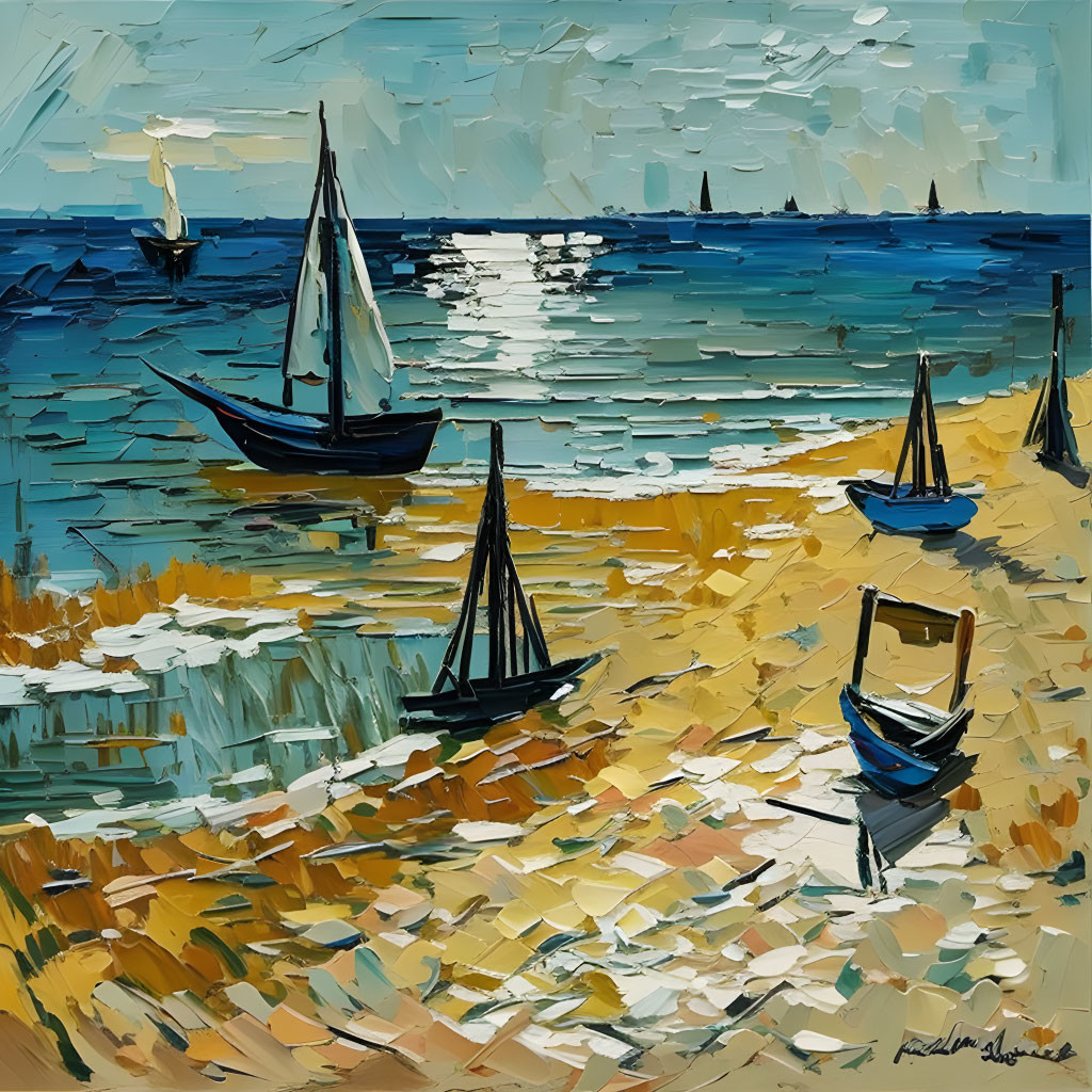 Vibrant sailboat scene with impasto brush strokes in blues, yellows, and whites