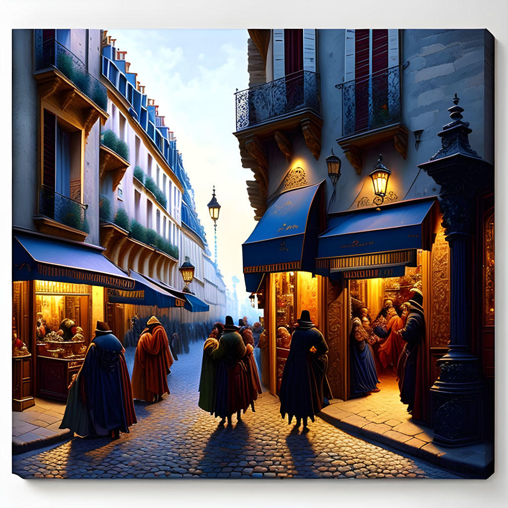 Vibrant Dusk Street Scene with Cloaked Figures and Warmly Lit Shops