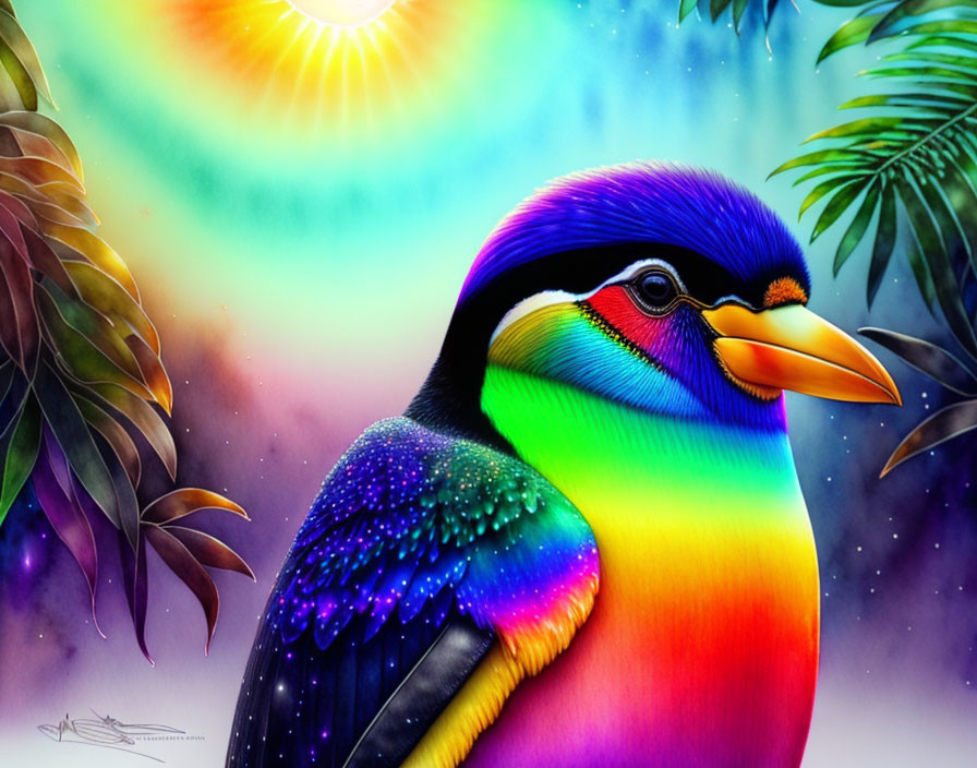 Colorful Bird Illustration with Rainbow Plumage and Sunburst Backdrop