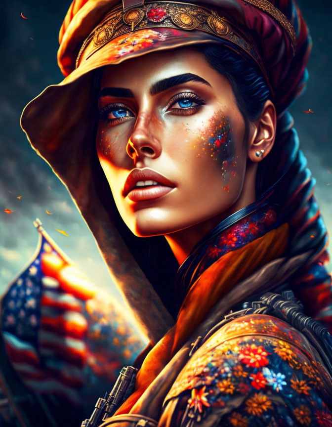 Vibrant digital artwork of woman with face paint, headscarf, and American flag.