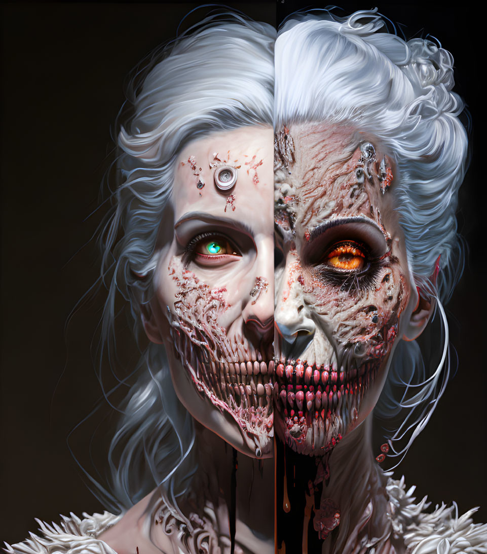 Split-Face Portrait: Flawless Skin vs. Undead Visage