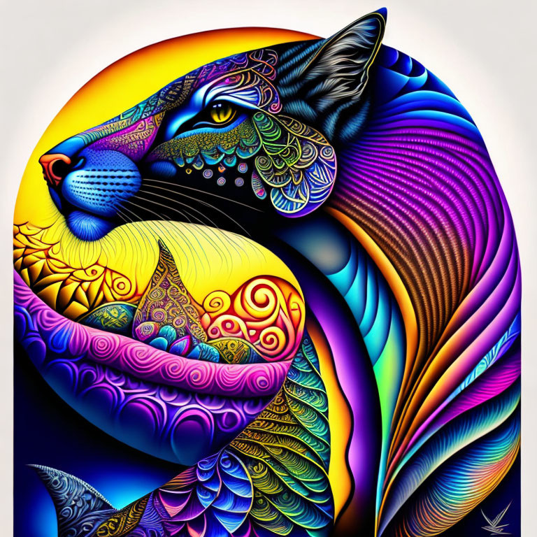 Colorful Cat Illustration with Ornate Patterns on Round Background