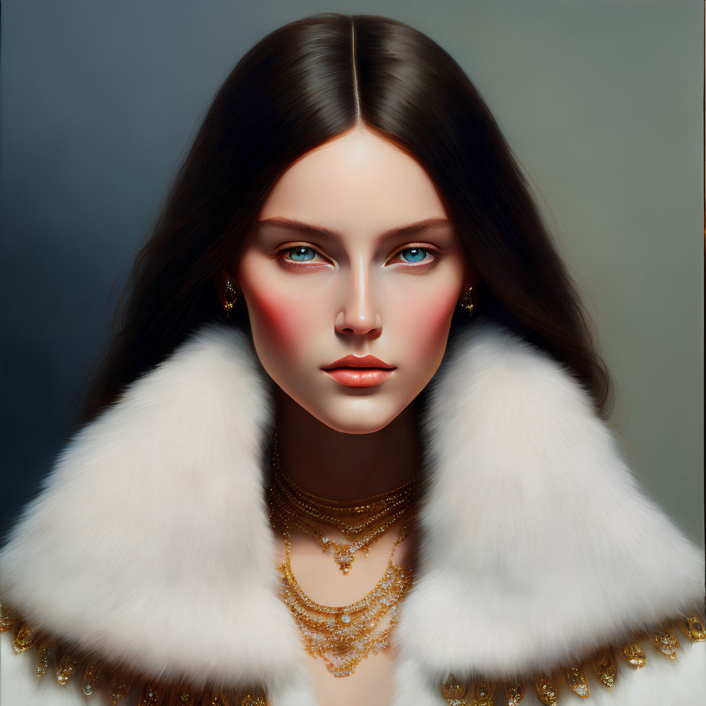 Portrait of Woman with Long Brown Hair and White Fur Coat