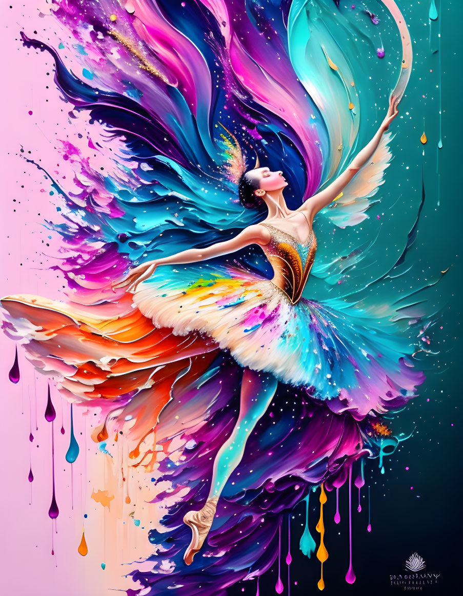 Colorful Ballet Dancer Artwork with Flowing Dress and Paint-like Textures