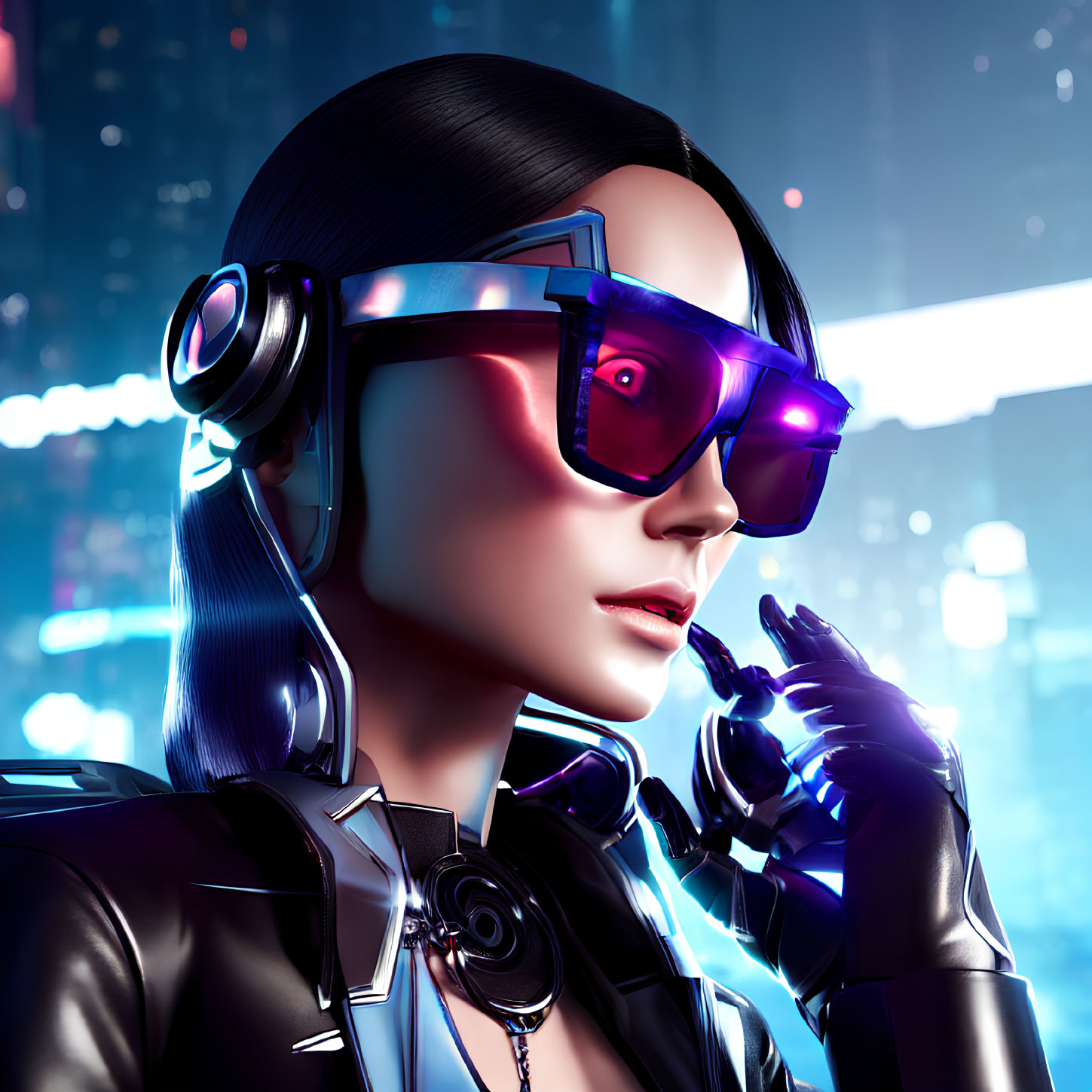 Futuristic woman with sunglasses and headphones in neon cyberpunk cityscape