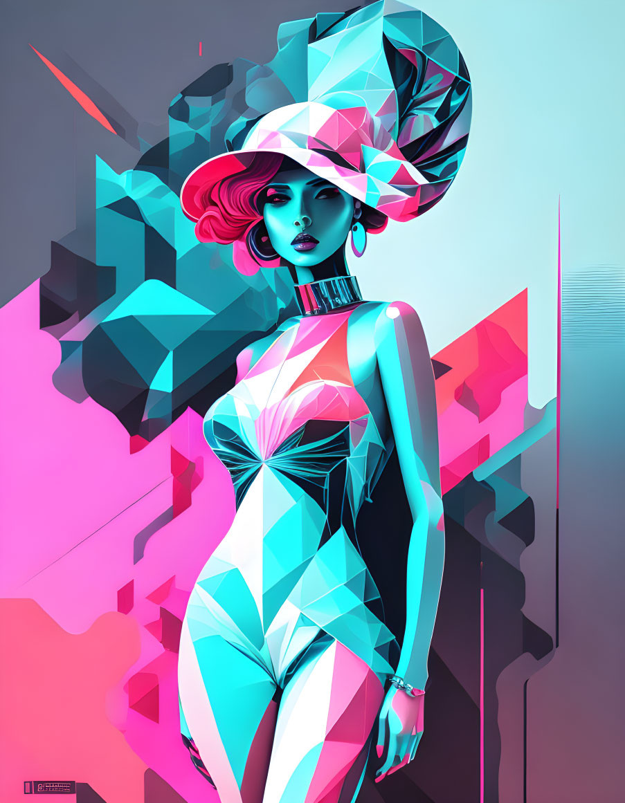 Colorful Illustration of Stylish Woman in Geometric Clothing