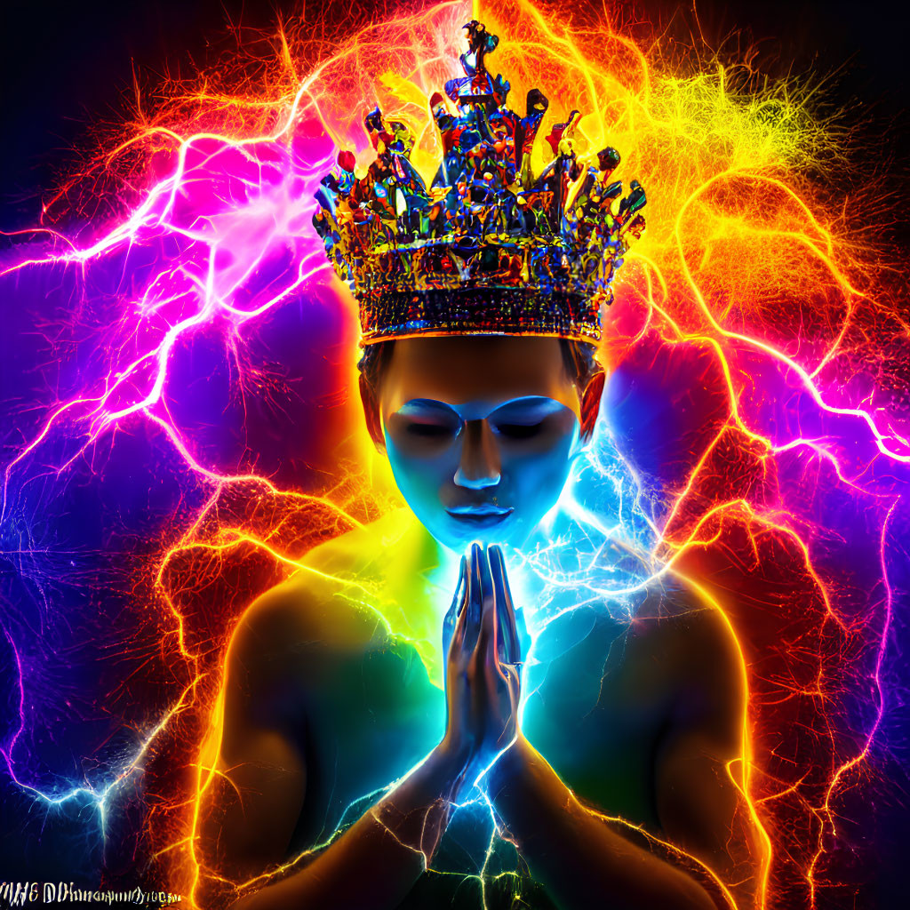 Meditative person with neon aura and crown of figures on black background