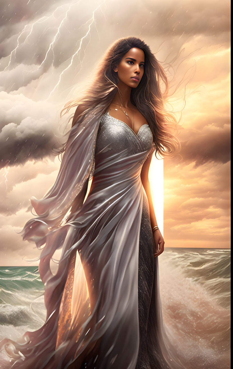 Woman with flowing hair at sunset by the sea in shimmering gown with storm clouds and lightning