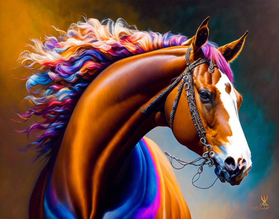 Colorful Horse Portrait with Rainbow Mane on Dark Background