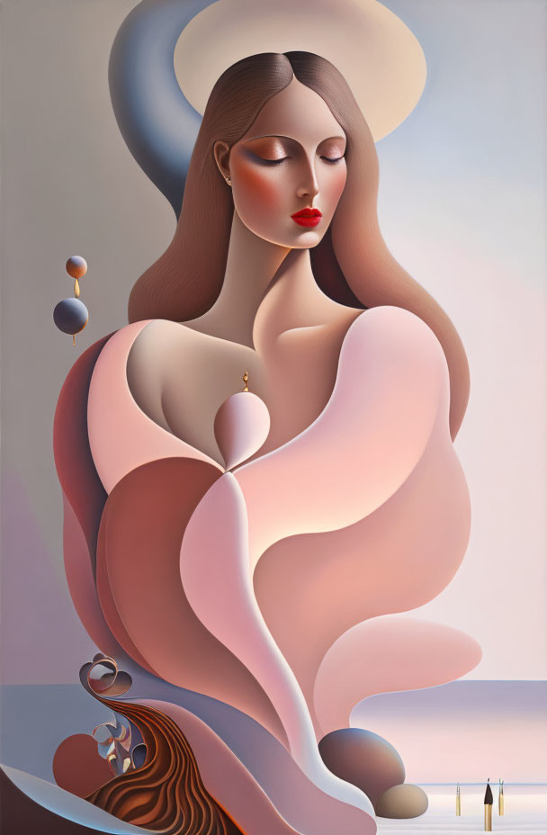 Stylized surrealistic painting of woman with halo and dreamy landscape