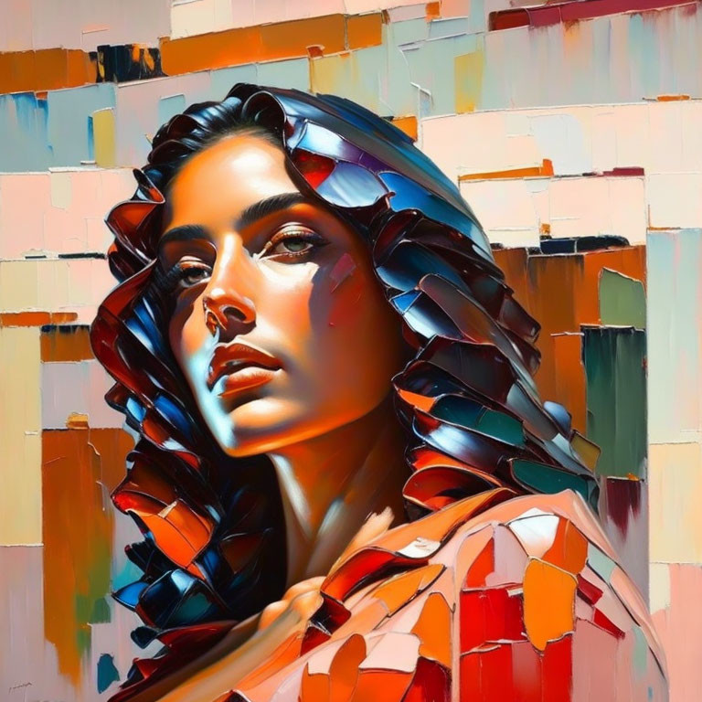 Vibrant Cubist-Style Portrait of a Woman with Multidimensional Background